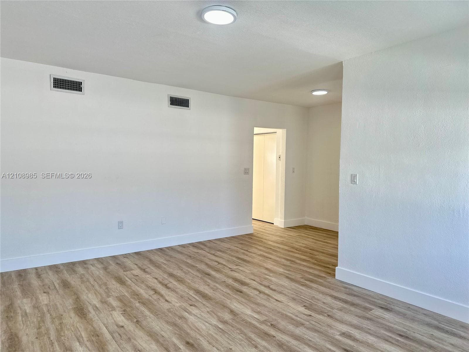 Interior space featuring wood-finish flooring, crisp white wall finishes, and flush-mount ceiling lighting
