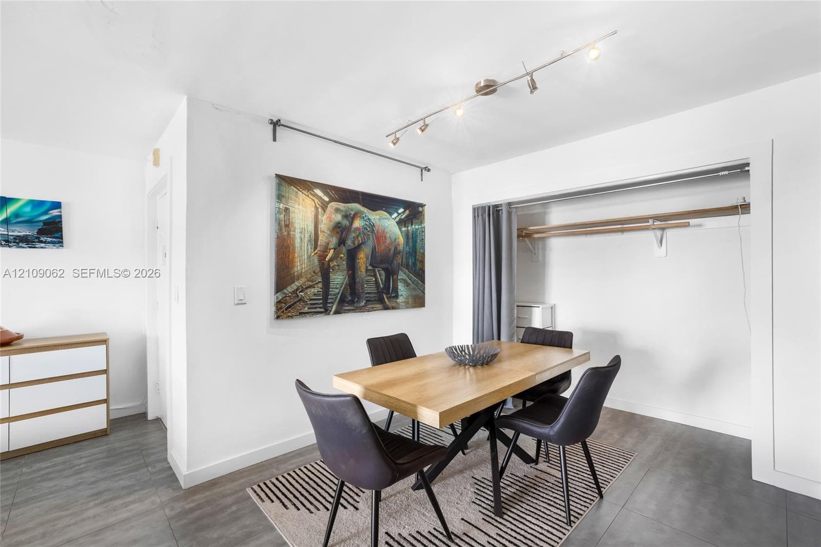 Wood-finish flooring, adjustable track lighting, and a reach-in closet with built-in shelving and a clothing rod