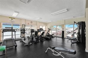 Fitness center featuring expansive floor-to-ceiling windows, uniform rubber flooring, and integrated overhead fluorescent lighting