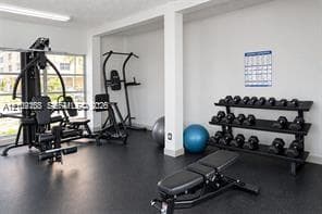 Fitness room featuring resilient rubberized flooring, large-format windows, and structural recessed wall niches