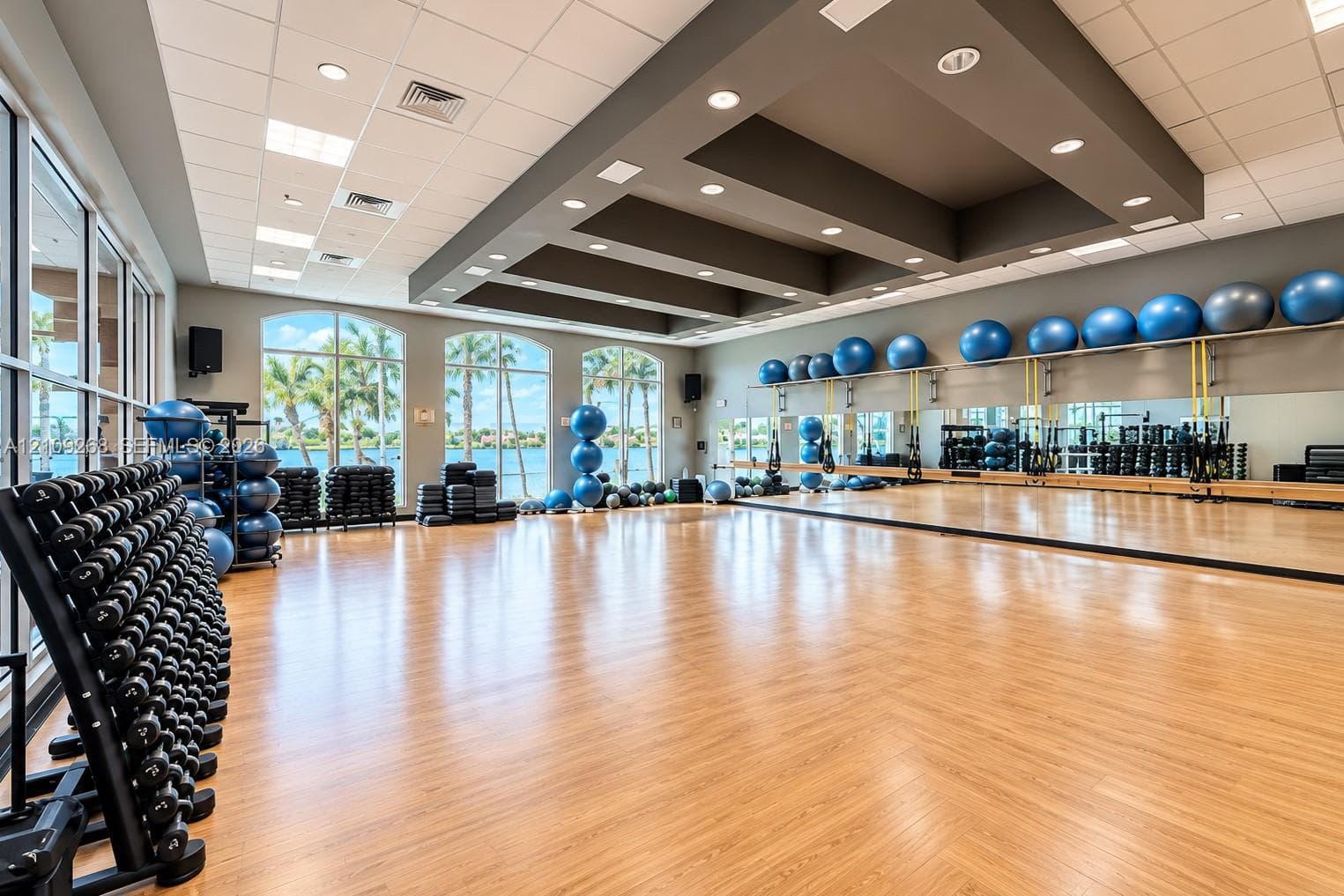 Fitness facility featuring wood-finish flooring, a coffered ceiling with recessed lighting, floor-to-ceiling mirrors, and arched windows