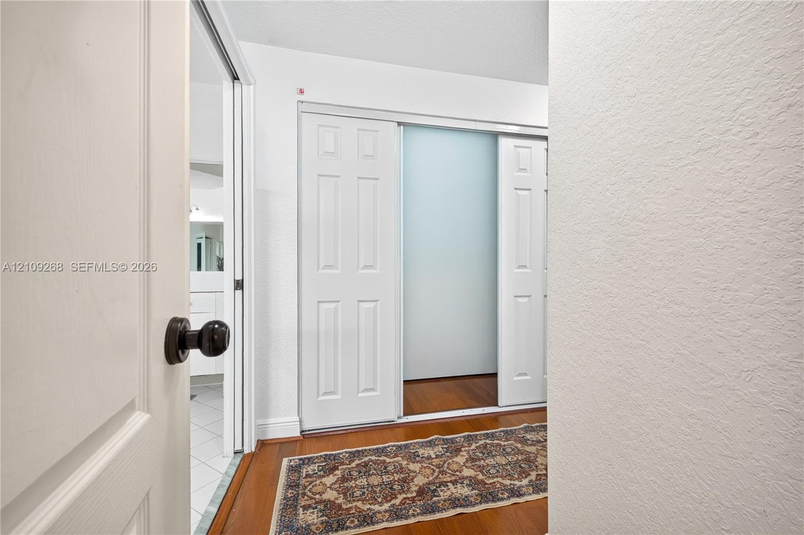 Sliding closet doors featuring a central frosted glass panel and white frame, wood-finish flooring, and a solid-core interior door with a circular knob