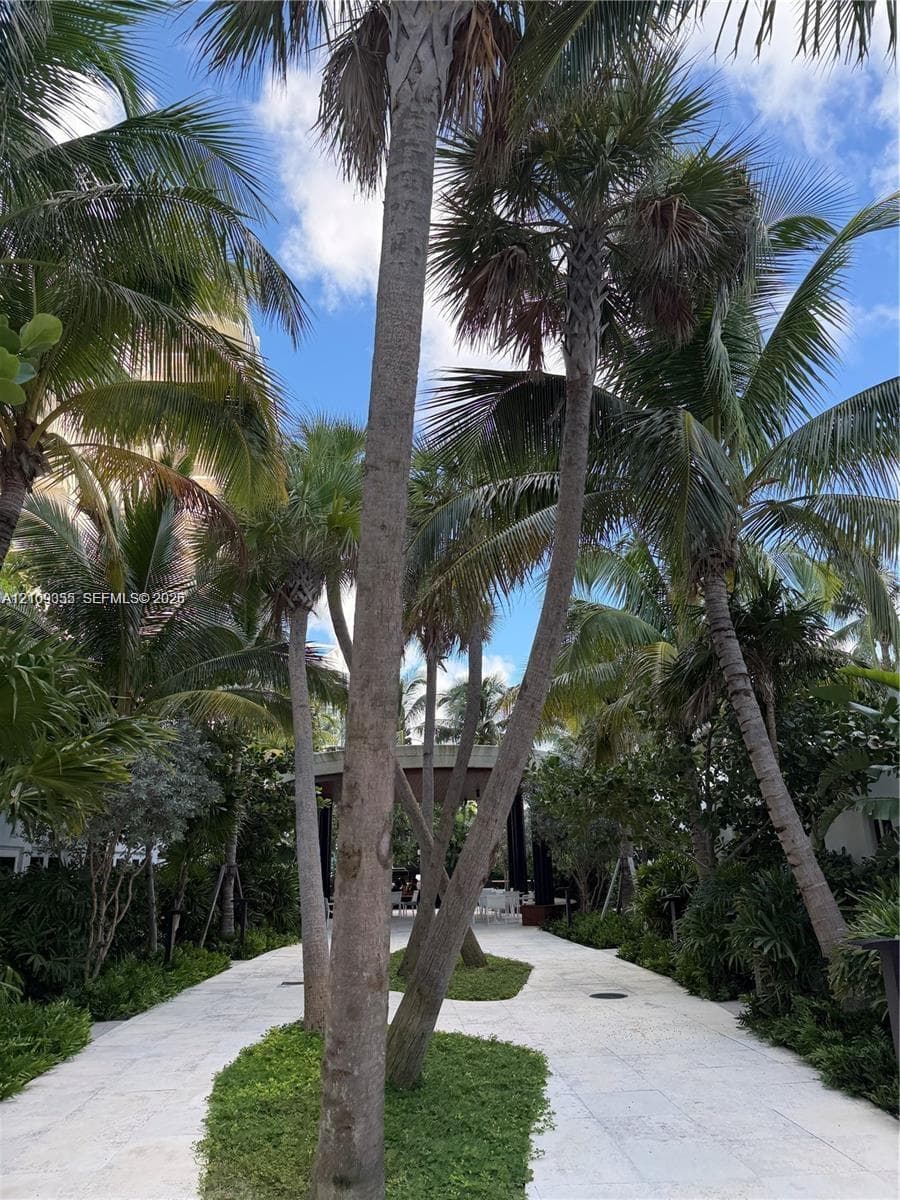Exterior walkway featuring light-toned stone paving, mature palm trees, and integrated ground-level landscaping
