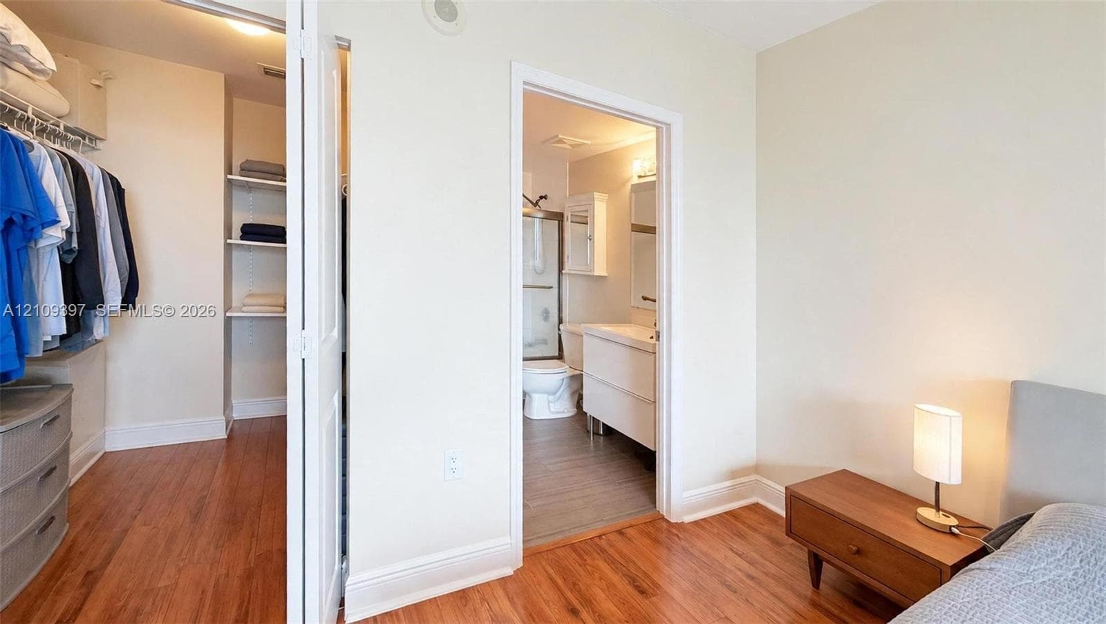 Walk-in closet with built-in shelving, wood-finish flooring, and bathroom featuring a floating vanity with a rectangular sink