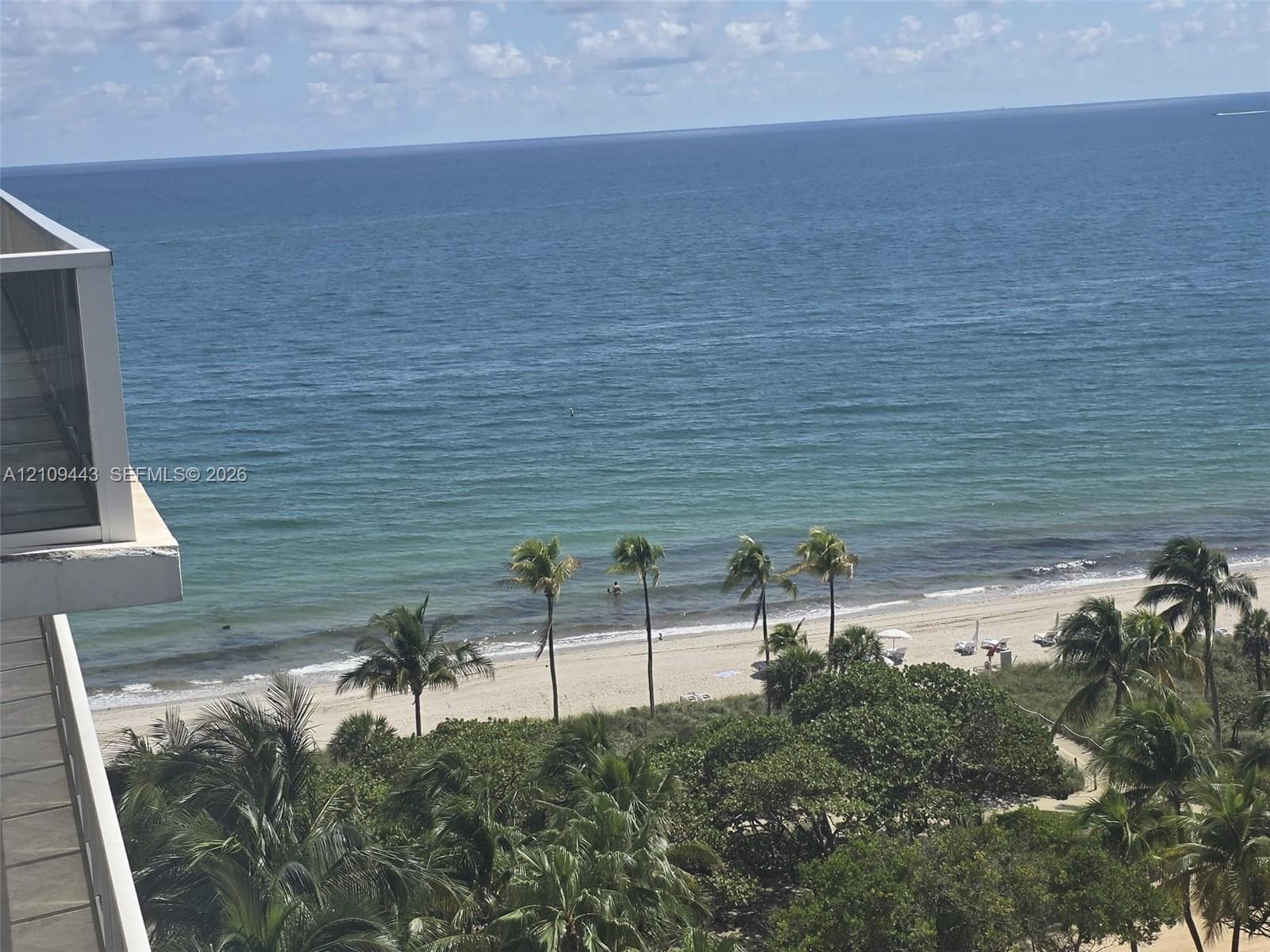 Elevated balcony with glass panel railing and oceanfront scenery featuring coastal sand and mature palm trees