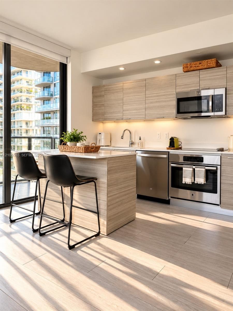 Kitchen featuring horizontal-grain cabinetry, quartz countertops, stainless steel appliances, a center island, and wood-finish flooring