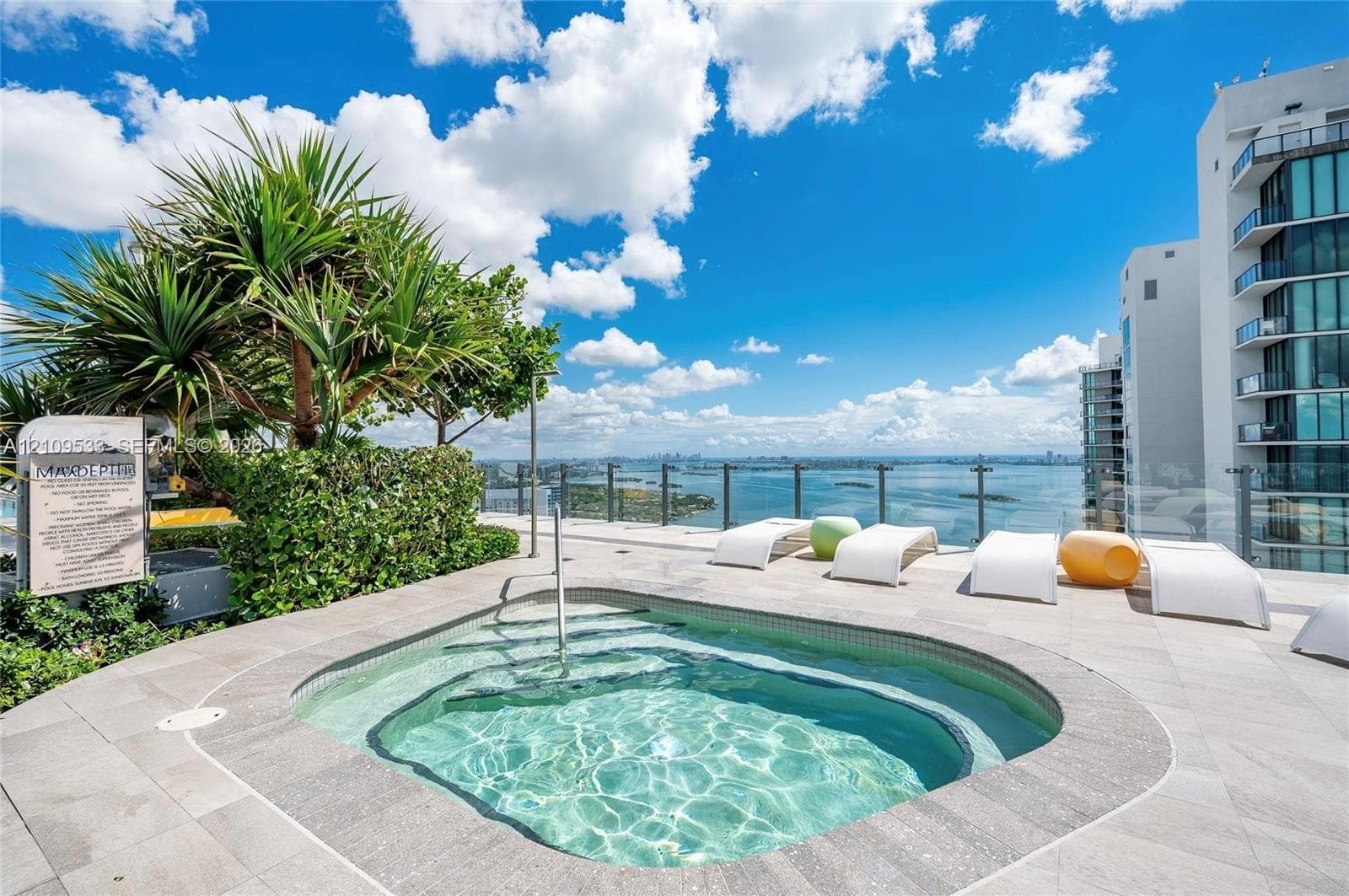 Rooftop terrace featuring an in-ground spa, stone tile decking, glass perimeter railing, and mature palm landscaping