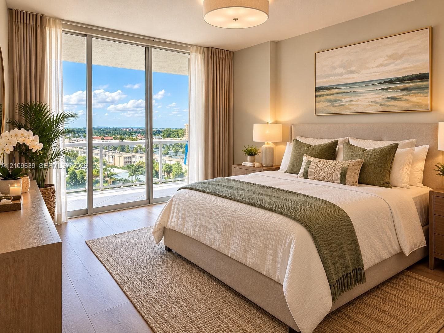 Bedroom featuring floor-to-ceiling sliding glass doors, a private balcony with glass railing, wood-finish flooring,
