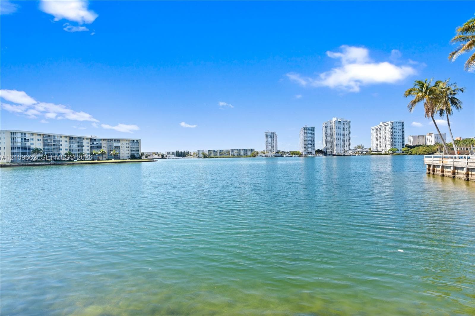Waterfront property featuring a bulkhead, expansive open water, and mature palm trees