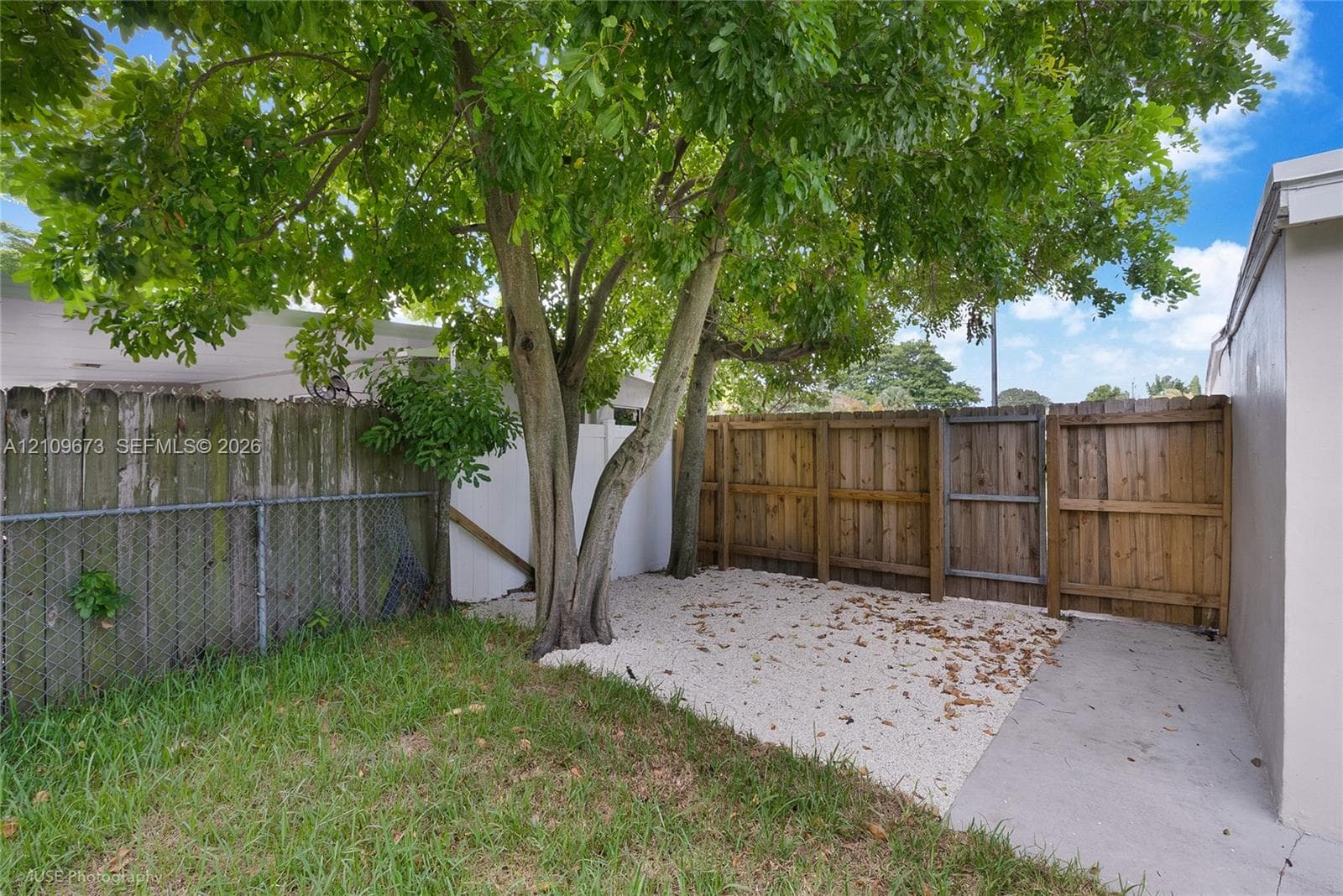 Outdoor space featuring a mature tree, gravel ground cover, a concrete walkway, and wood privacy fencing