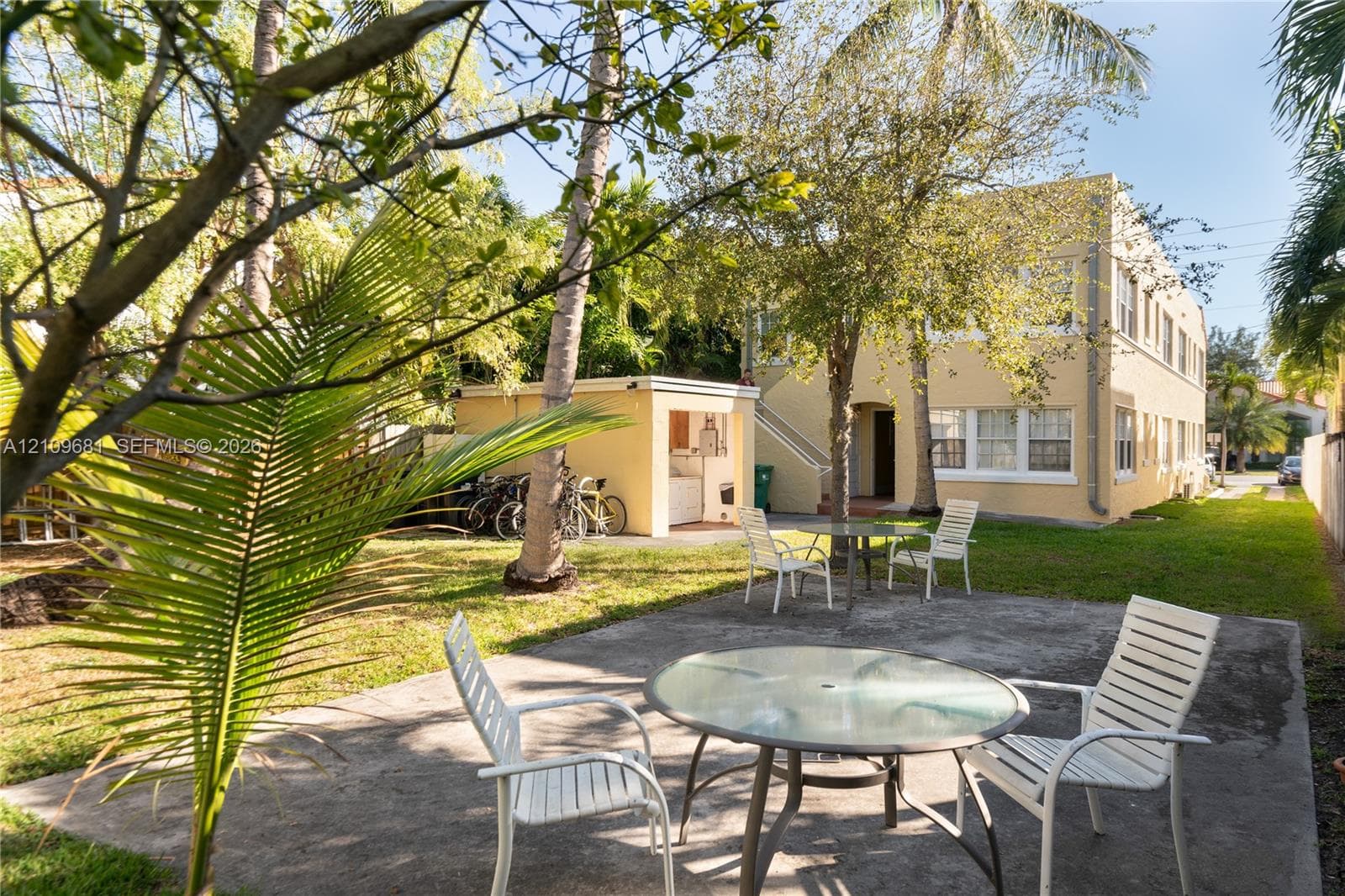 Exterior space featuring a concrete patio, landscaped lawn, mature palm trees, and an auxiliary structure