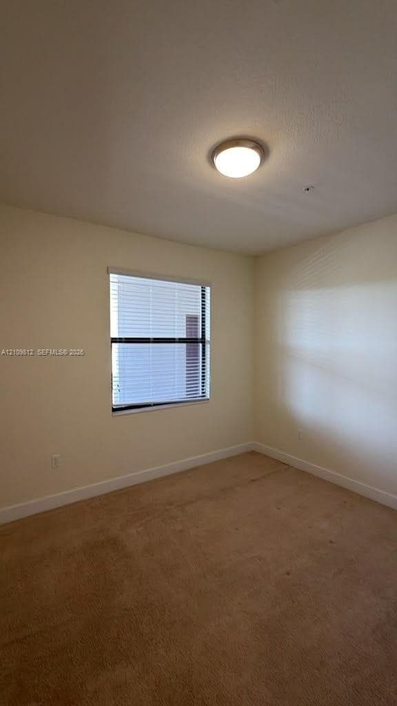 Neutral wall palette, carpeting, flush-mount ceiling light fixture, and horizontal window blinds