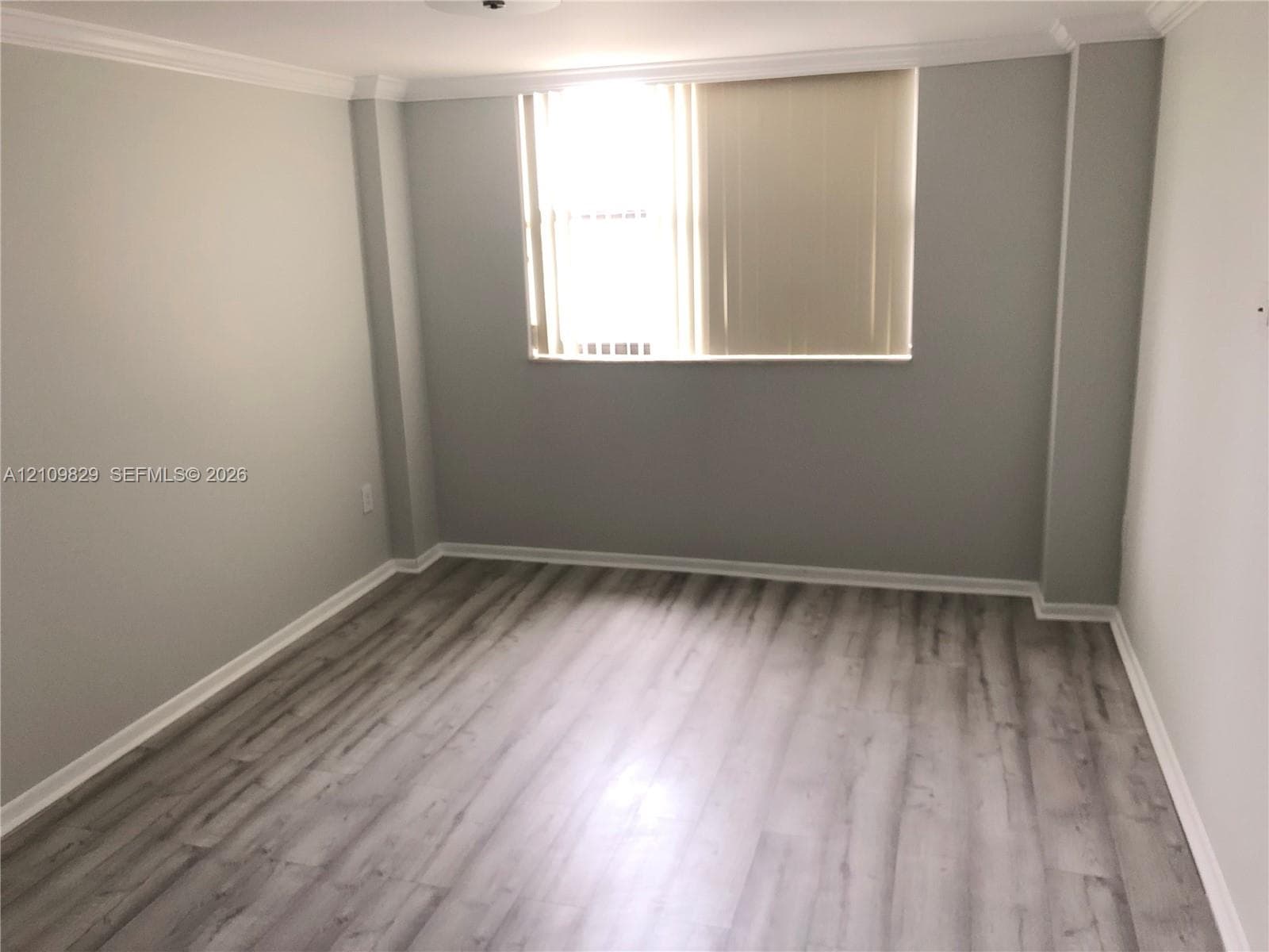 Neutral-toned interior featuring wood-finish flooring, crown molding, and a single window with vertical blinds