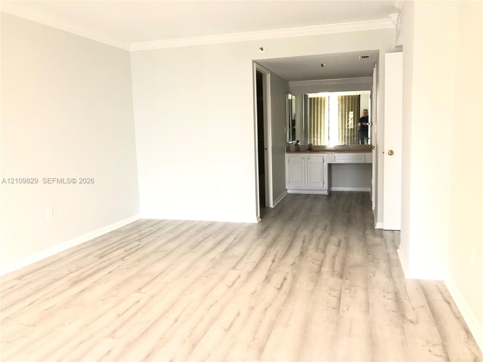 Living area featuring wood-finish flooring and crown molding, with a vanity area containing built-in cabinetry, a countertop, and a large mirror