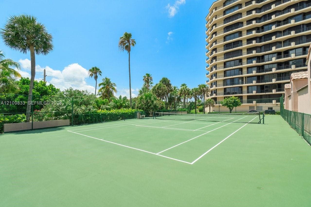 Tennis court featuring a hard surface, perimeter chain-link fencing, and mature palm trees