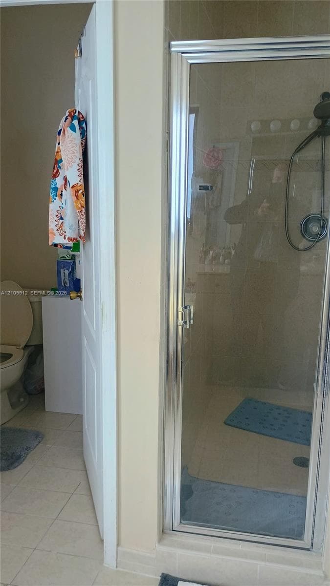 Glass-enclosed shower with chrome frame and adjustable handheld showerhead, accompanied by tile flooring and a standard porcelain toilet