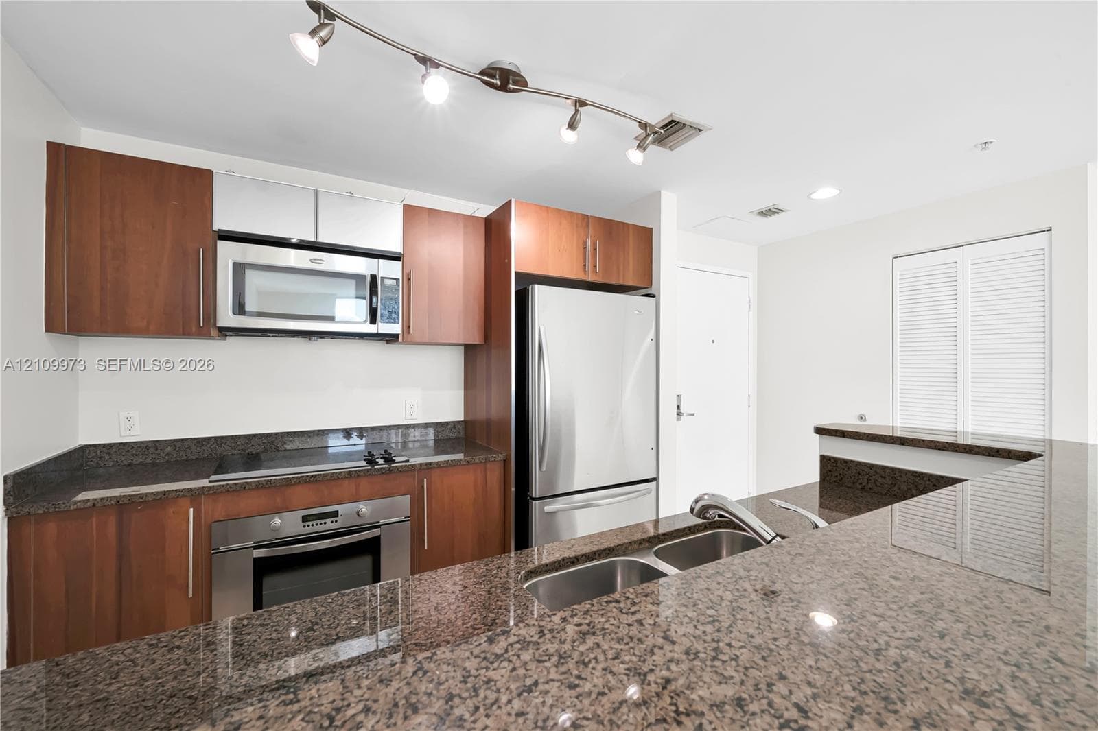 Kitchen featuring wood-finish cabinetry, stone countertops, stainless steel appliances, double-basin sink, and track lighting