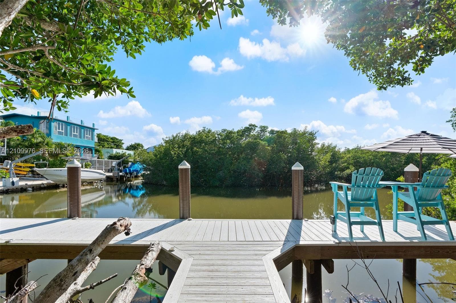 Private wooden dock featuring structural pilings and water access