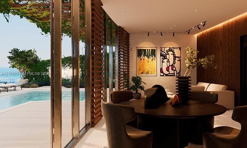 Floor-to-ceiling glass paneling, vertical wood slat architectural screening, recessed ceiling track lighting, wood-panel accent wall, and perimeter pool with stone decking