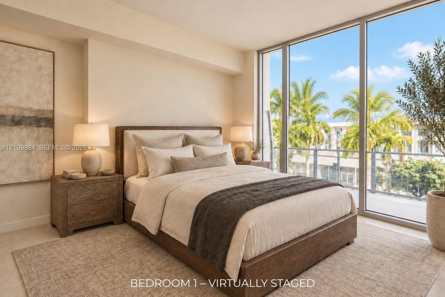 Floor-to-ceiling windows, neutral interior wall palette, and polished stone-finish flooring