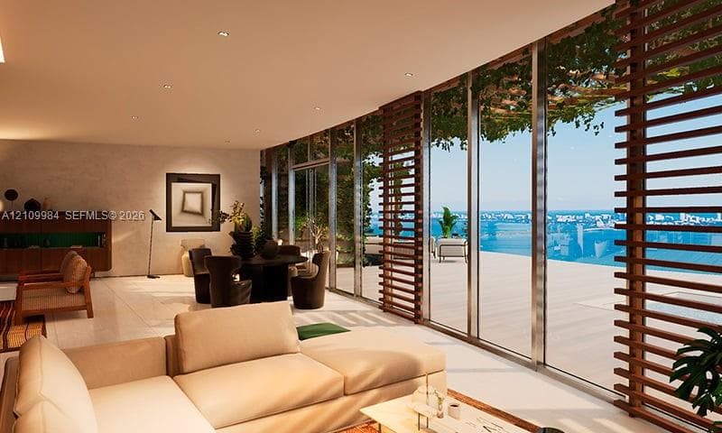 Floor-to-ceiling glass walls, integrated wooden privacy screens, recessed ceiling lighting, light-toned stone flooring, and a wide-span exterior deck