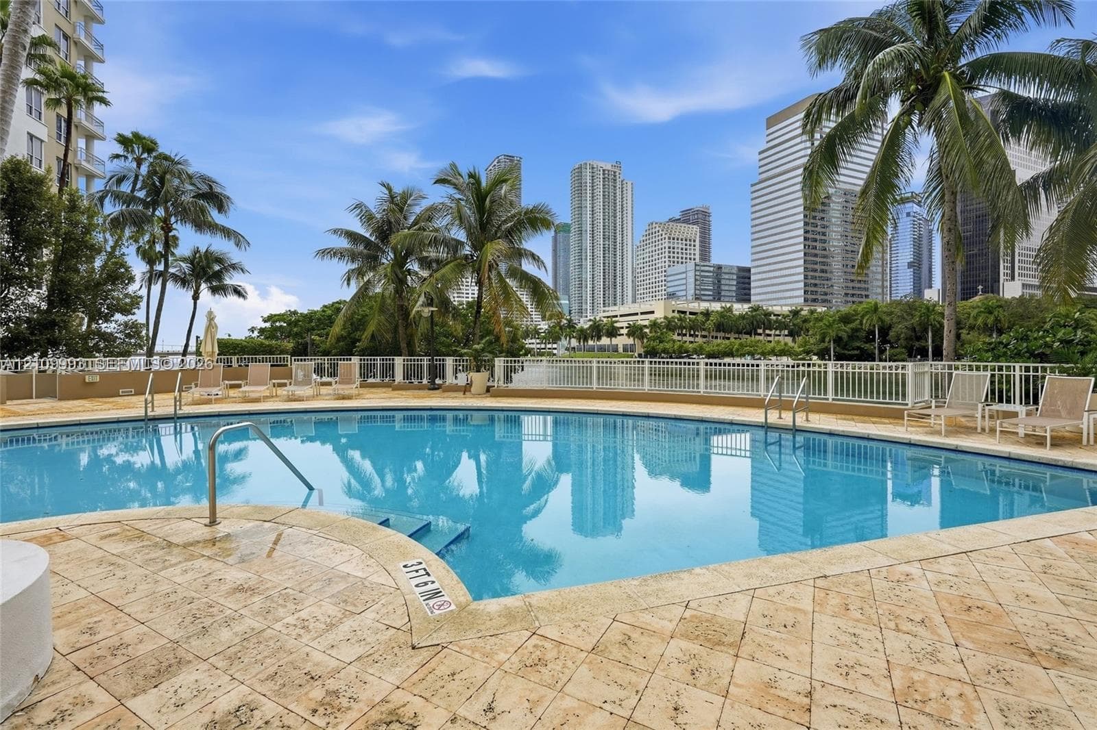 Swimming pool with stone paver decking, metal perimeter fencing, and mature palm trees