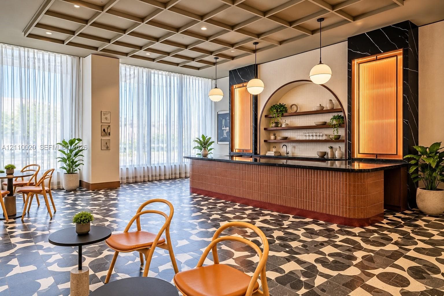 Coffered ceiling with recessed lighting, floor-to-ceiling windows, arched-niche shelving with integrated lighting, tiled bar with a stone countertop, and patterned tile flooring