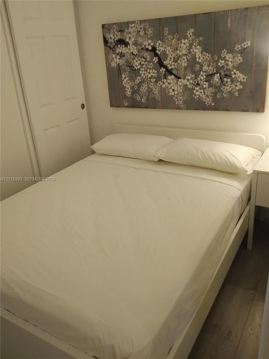 Wood-finish flooring and a closet with a white panel door