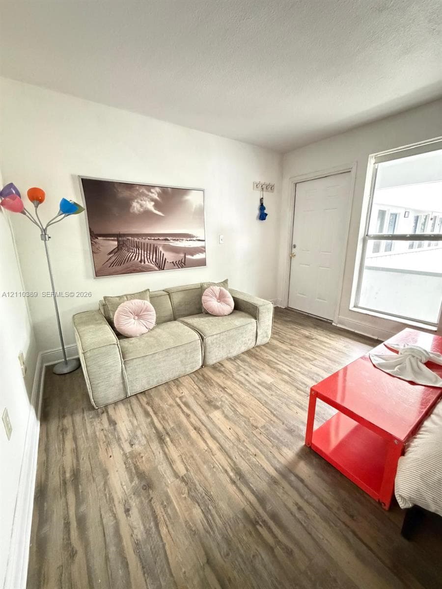 Wood-finish flooring, multi-panel exterior door, and large window with natural light