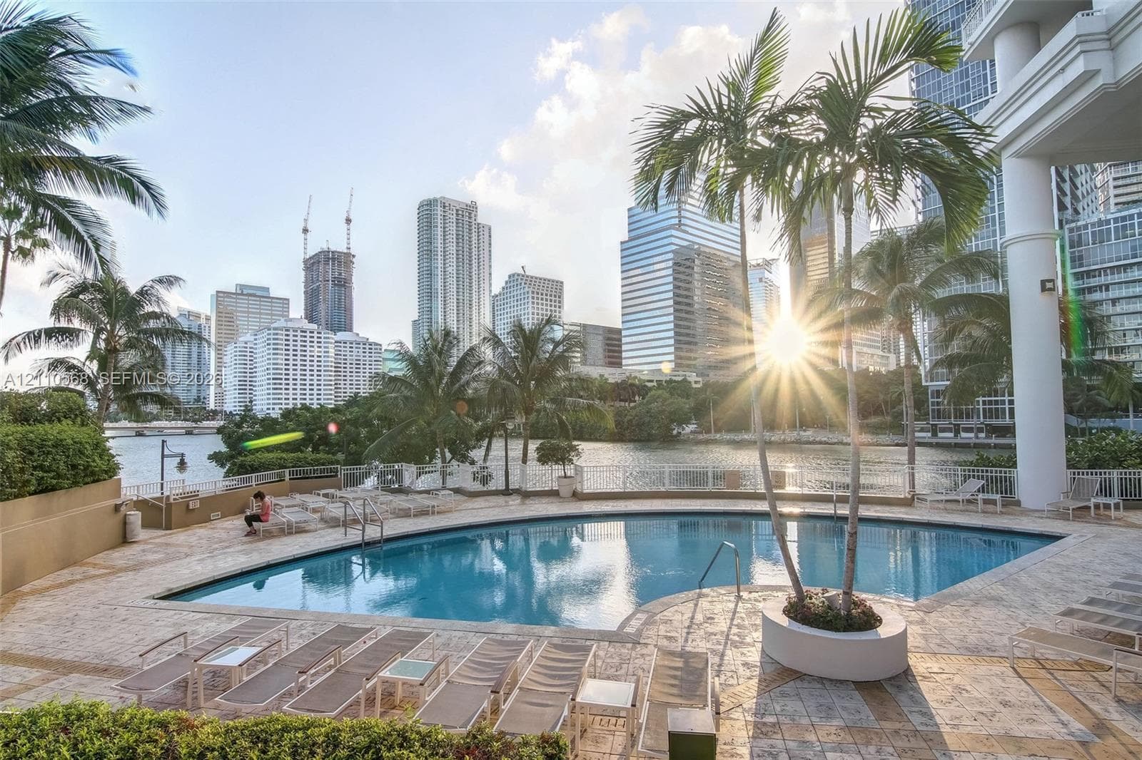 Swimming pool with stone-tiled decking, integrated landscaping featuring palm trees, and metal perimeter railing against a waterfront and urban skyline backdrop