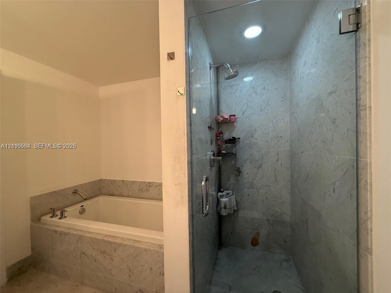Built-in soaking tub with surround tiling, walk-in shower with frameless glass enclosure, and stone-finish wall cladding
