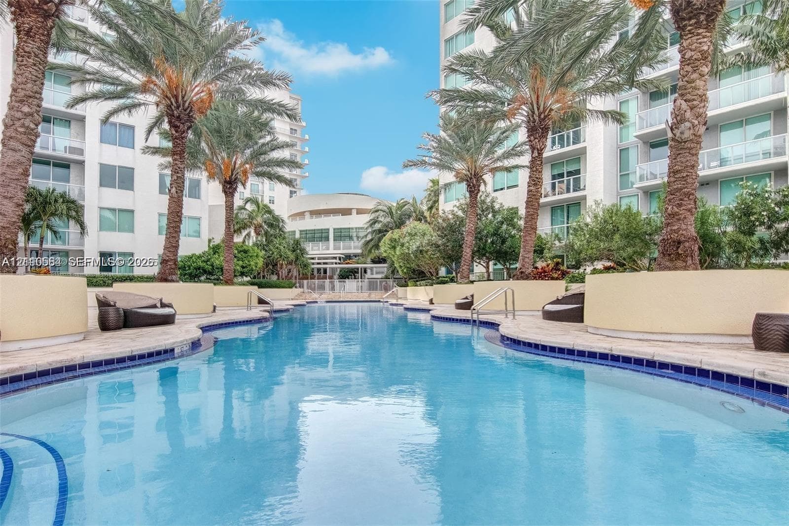 Outdoor swimming pool featuring a tiled waterline, stone-finish decking, and surrounding mature palm trees