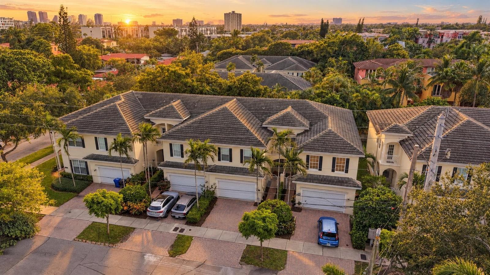 Aerial townhomes in gentle dawn light