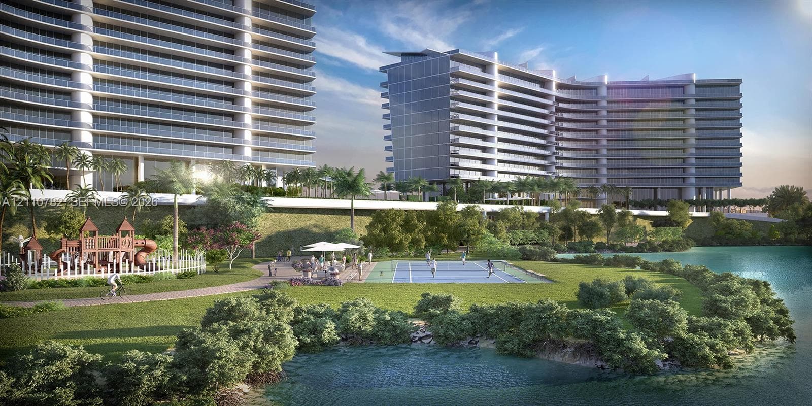 Tennis court with perimeter fencing, outdoor swimming pool, circular paved motor court, and canopy-covered recreation area