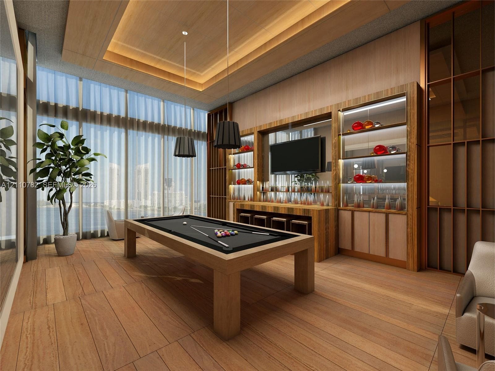 Waterfront residential complex featuring floor-to-ceiling glass facades, wraparound balconies, professional landscaping, and private island access