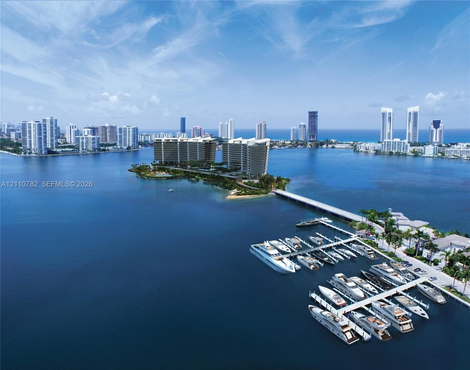 Waterfront high-rise complex featuring dual glass-facade towers, multiple swimming pools, professional landscaping, and paved outdoor terrace space