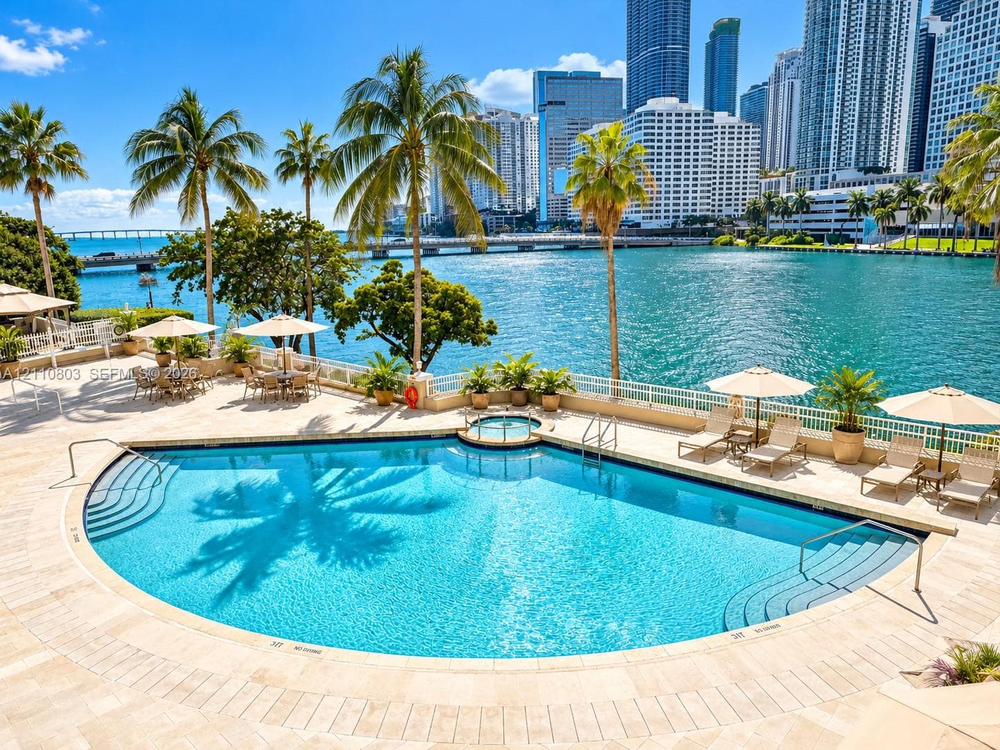 Curved swimming pool with built-in spa, stone-tile decking, metal safety fencing, and mature palm trees