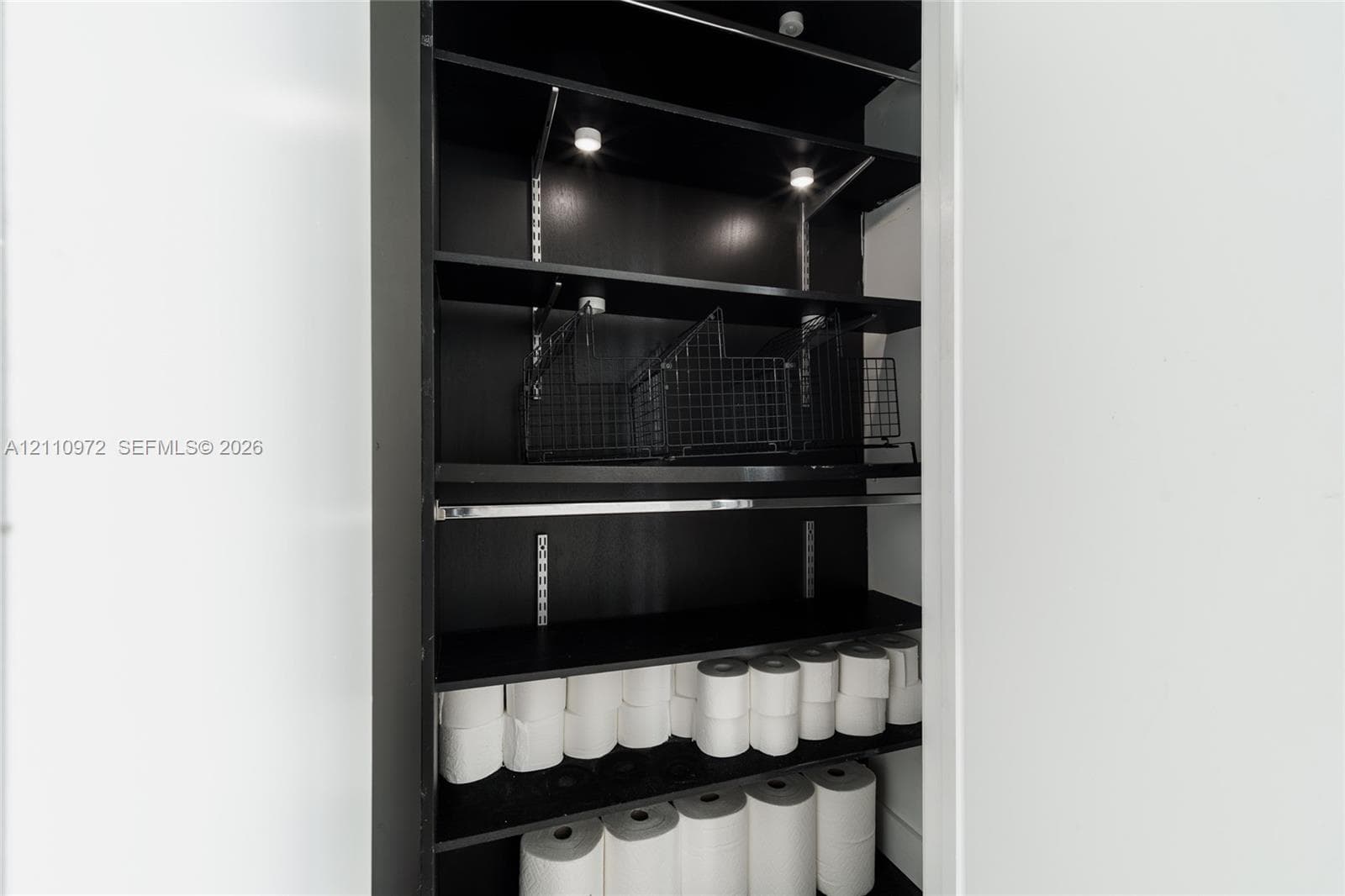Storage closet featuring adjustable shelving, integrated puck lighting, and a built-in metal hanging rod