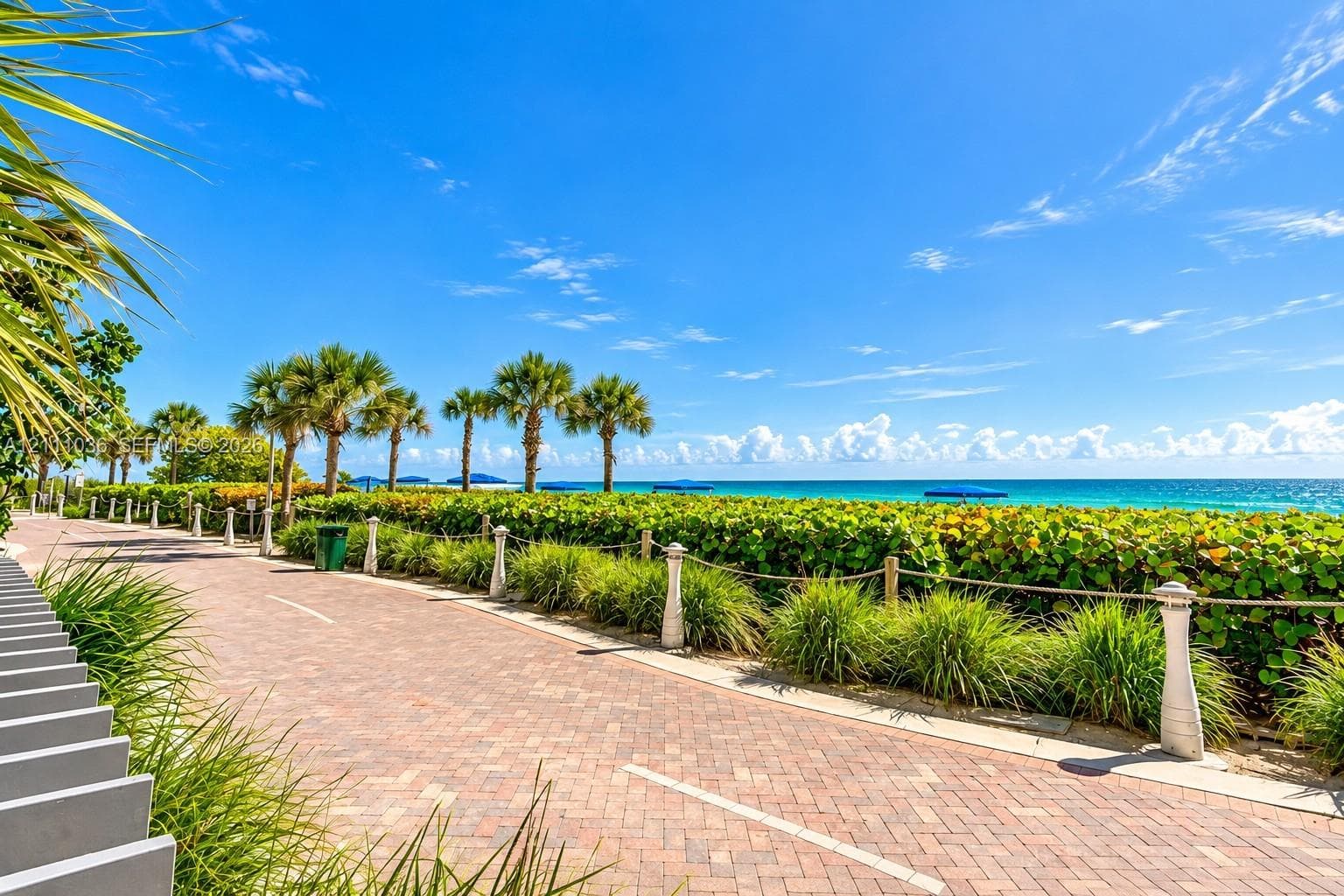Brick-paver pathway featuring rope fencing, ornamental grasses, and mature palm trees