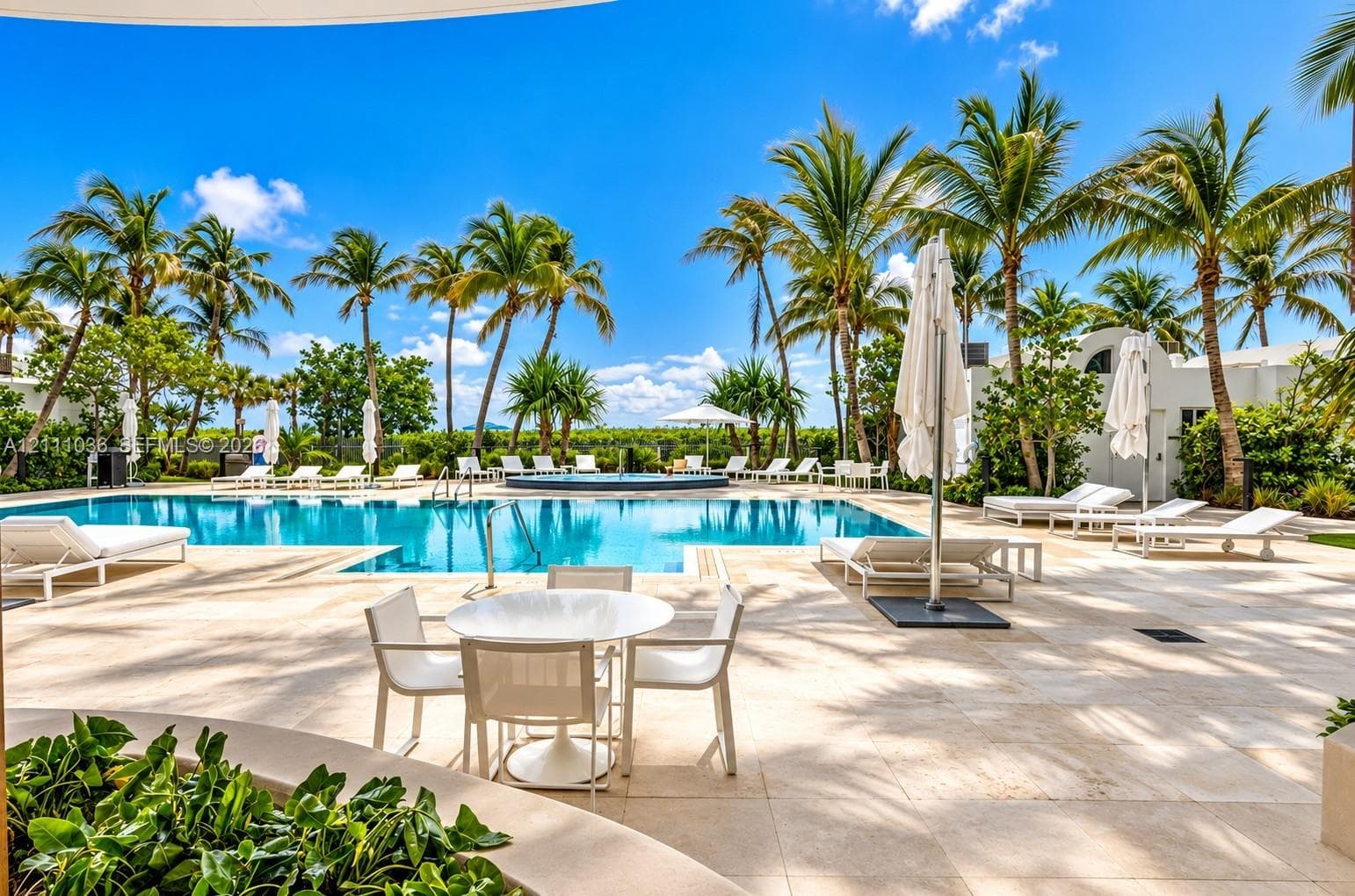 Swimming pool with integrated spa, expansive stone-paved deck, and mature palm trees