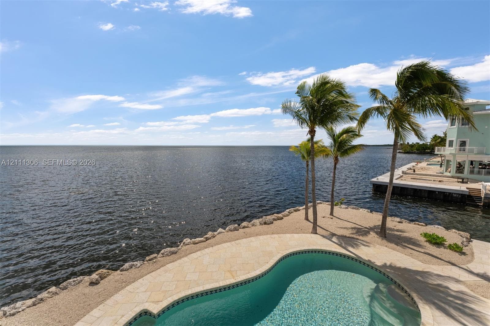 Waterfront pool with stone paver surround, natural rock shoreline, palm trees, and private dock
