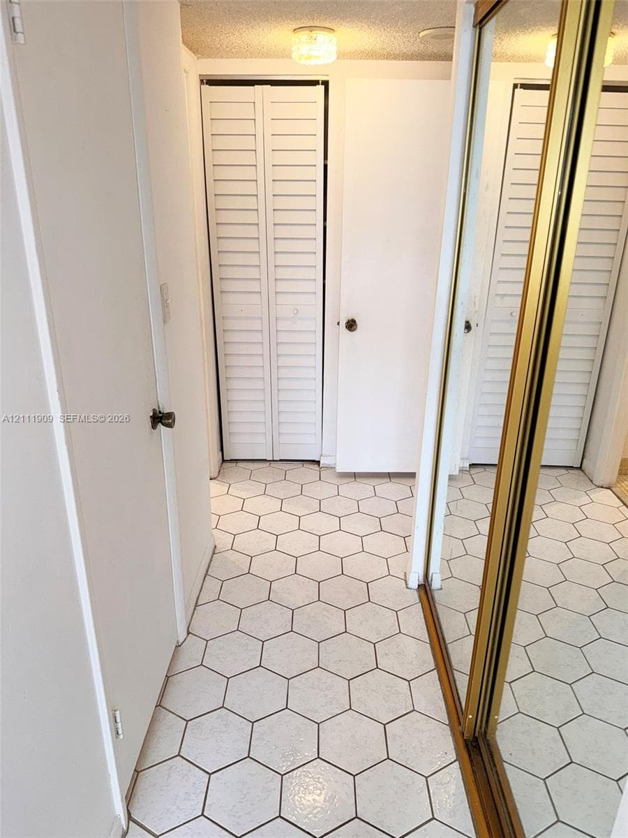 Hexagon tile flooring, white louvered bifold doors, and sliding mirrored closet doors with gold-tone metal frames