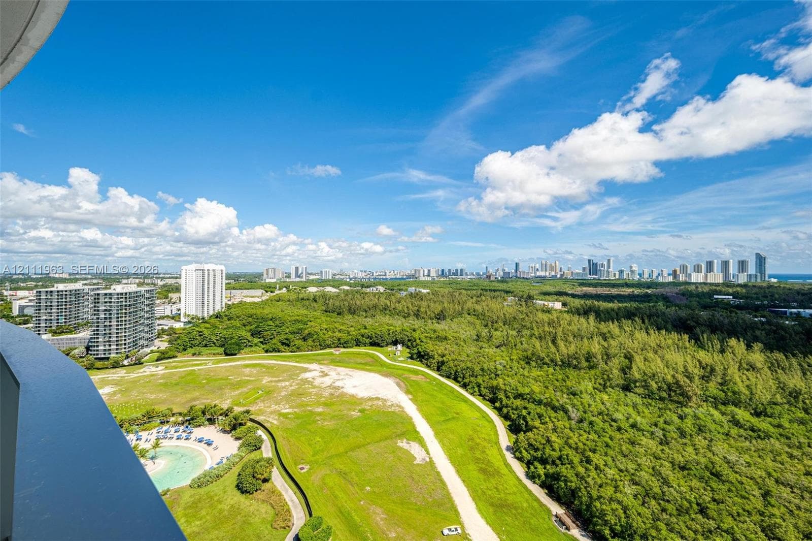 Elevated terrace featuring a panoramic perspective of the cityscape, coastal skyline, dense woodland canopy, and open green space