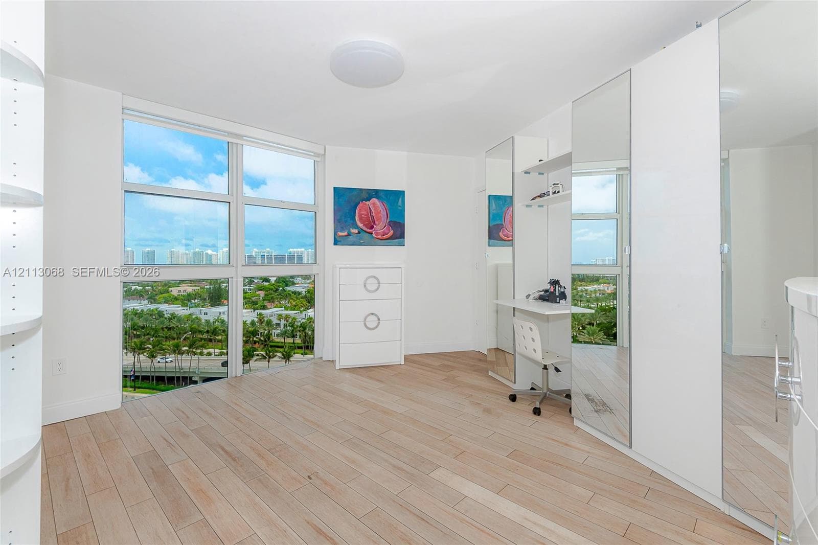 Floor-to-ceiling windows, wood-finish flooring, built-in mirrored wardrobe cabinetry, and integrated desk workspace