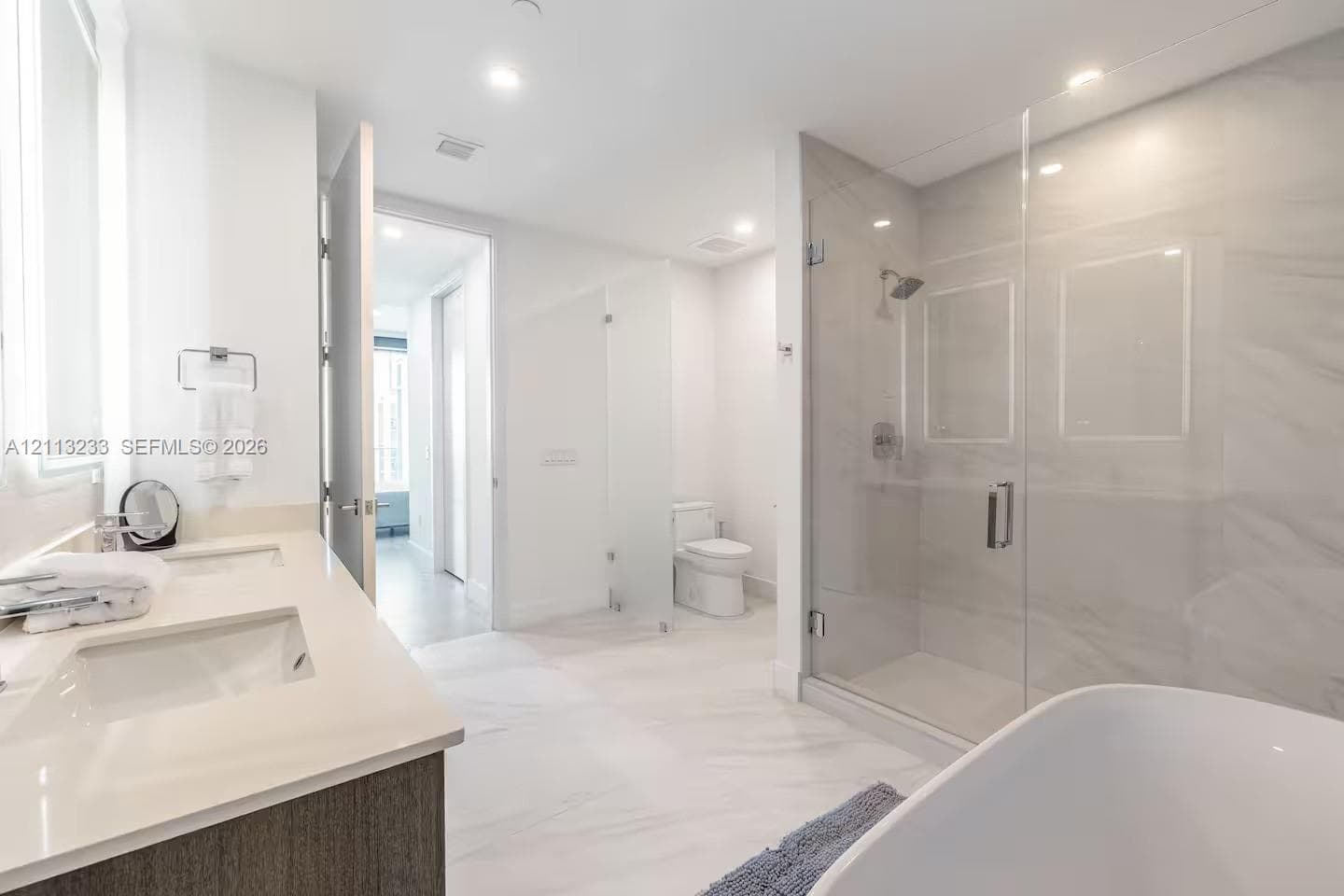 Dual-sink vanity with light-toned countertop, freestanding soaking tub, glass-enclosed walk-in shower with tiled surround, and separate enclosed water closet