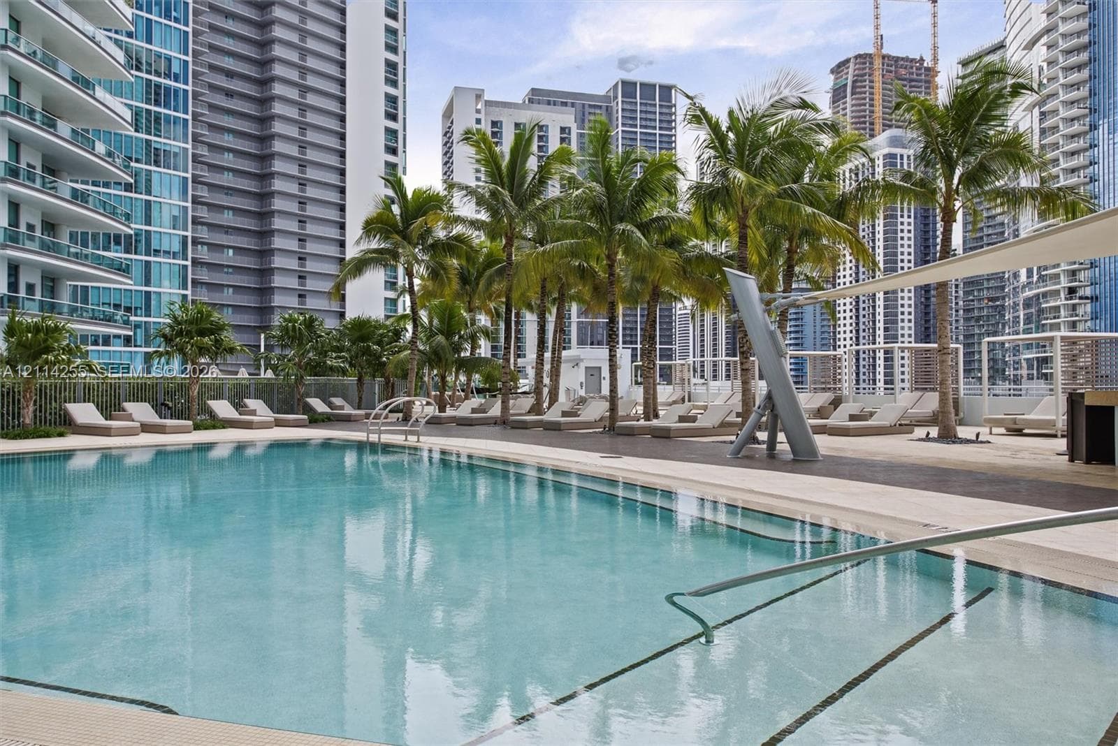 Swimming pool featuring a sun deck, palm trees, and perimeter fencing, set against a backdrop of urban high-rise buildings