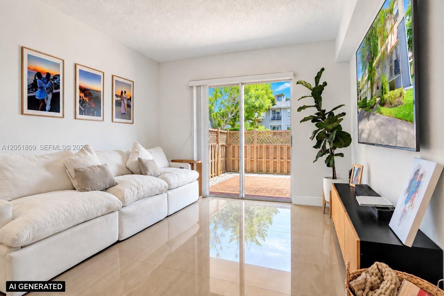 Living area featuring large-format tile flooring and a sliding glass door providing access to a private, fenced patio with brick pavers