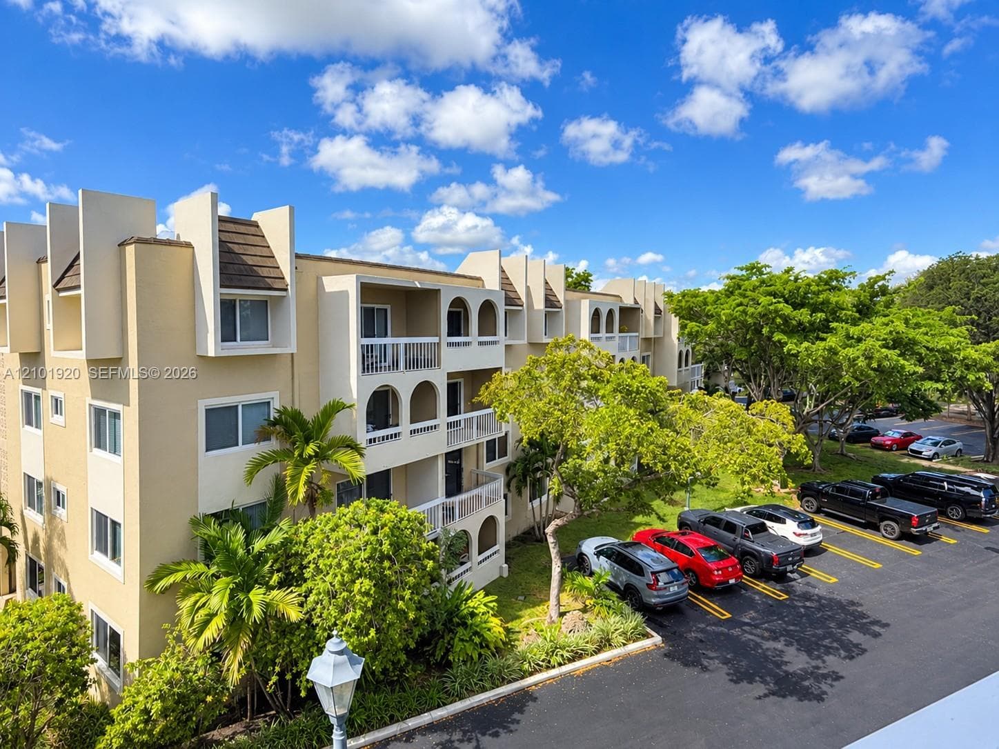 Exterior walkway featuring smooth-finish pavement, recessed lighting, and lush landscaping with mature palm trees and ornamental tropical plants