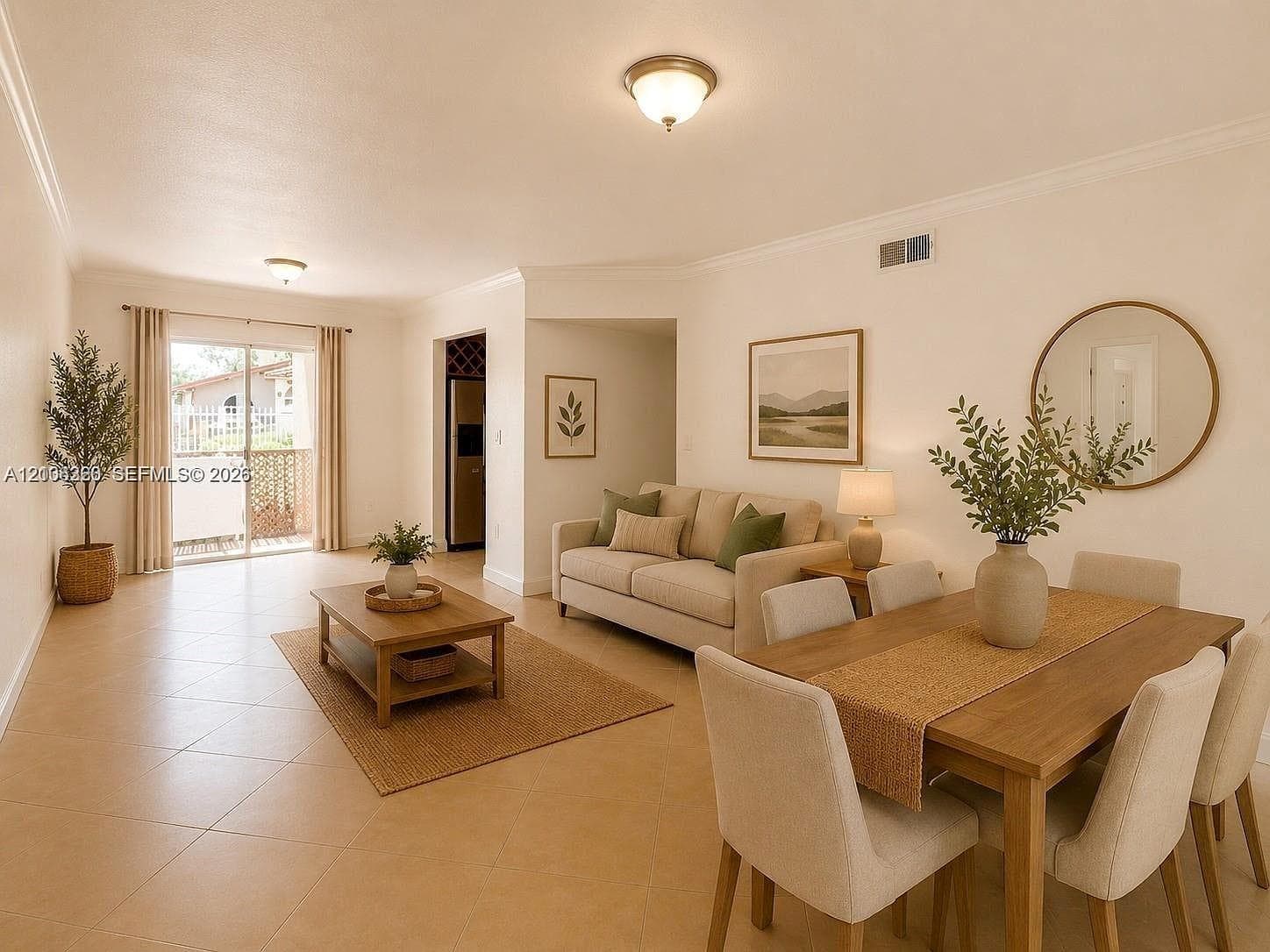 Open-concept living space featuring large-format tile flooring, crown molding, flush-mount ceiling lighting, and sliding glass doors providing outdoor access