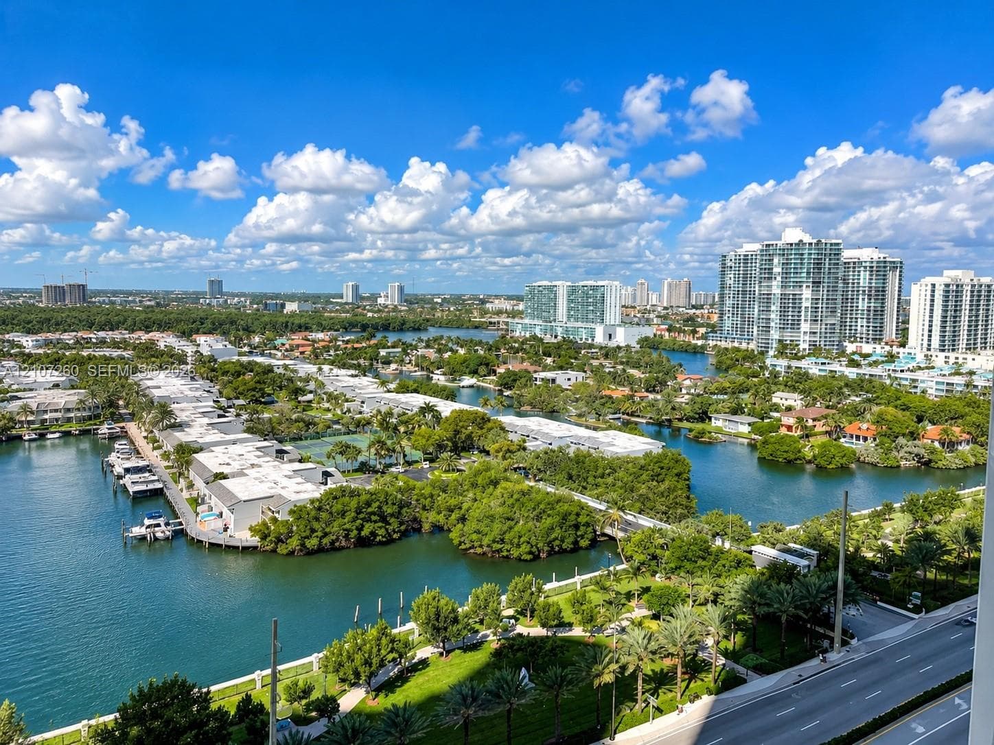 Elevated perspective featuring expansive waterways, maritime dockage, mature palm trees, and metropolitan high-rise infrastructure